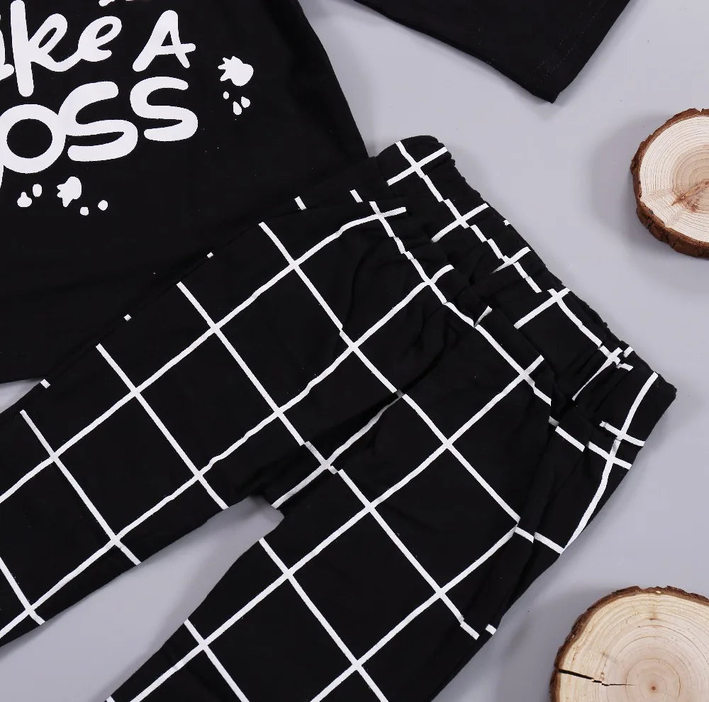 LIKE A BOSS Long Sleeve T-Shirt and Lattice Trousers Set for Baby Boys in black and white 