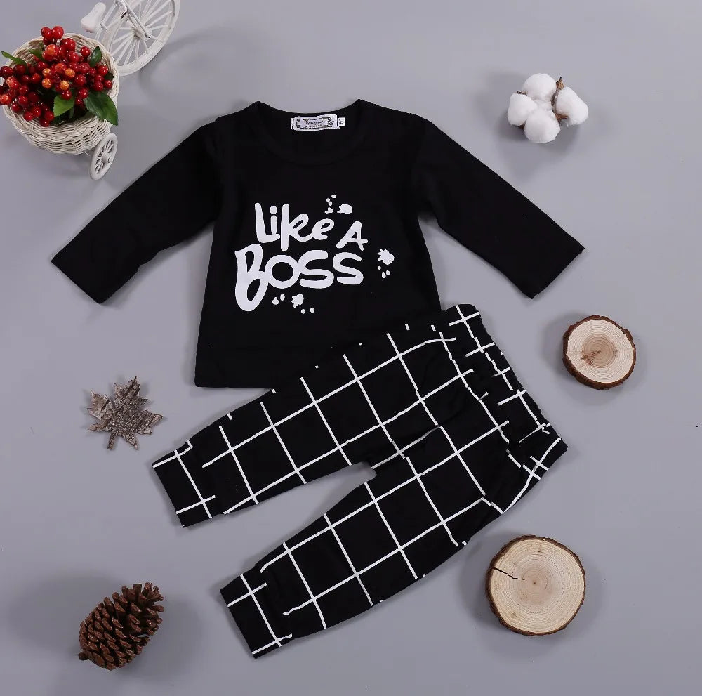 LIKE A BOSS Long Sleeve T-Shirt and Lattice Trousers Set for Baby Boys in black and white