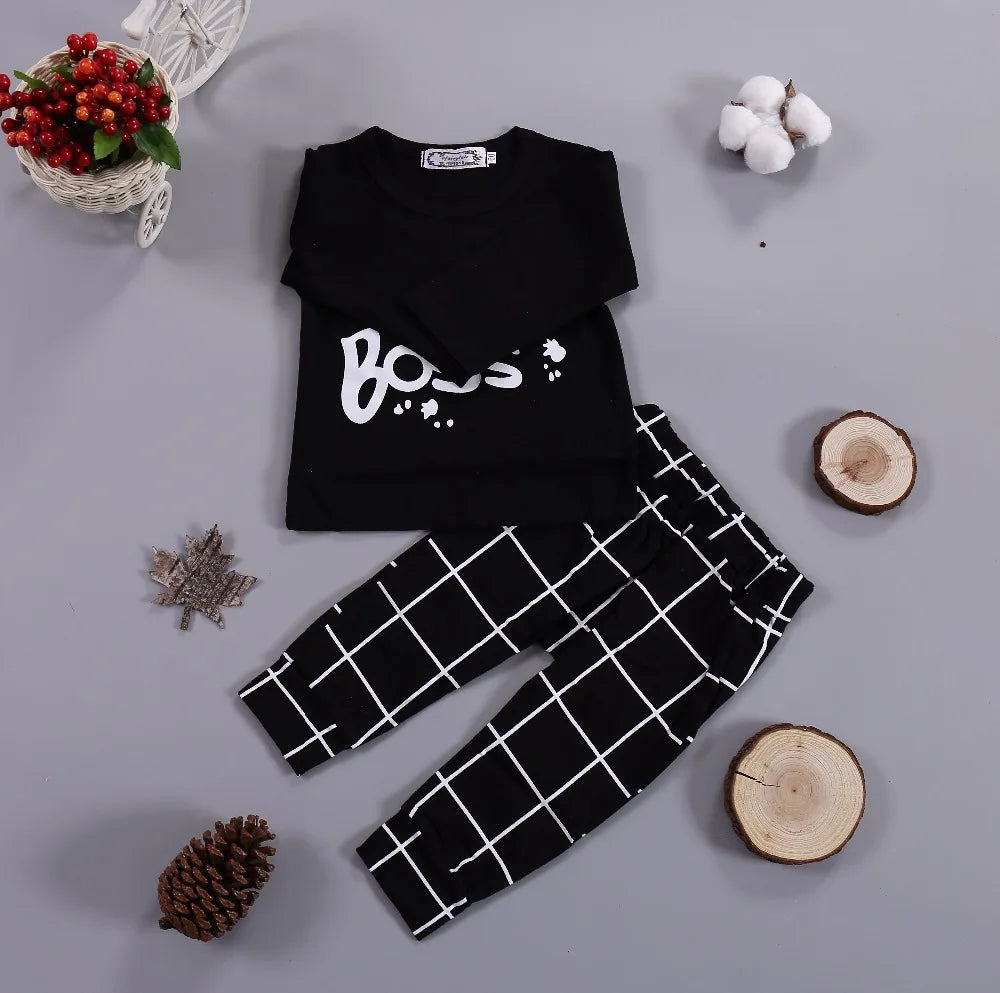 Yamza Tots' Closet LIKE A BOSS Long Sleeve T-Shirt and Lattice Trousers Set for Baby Boys black outfit