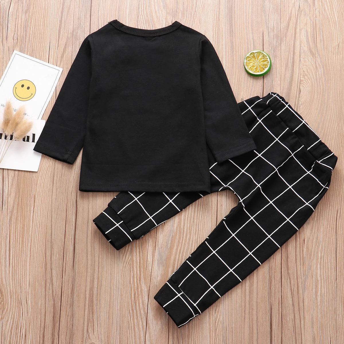 LIKE A BOSS Long Sleeve T-Shirt and Lattice Trousers Set for Baby Boys in black and white grid pattern