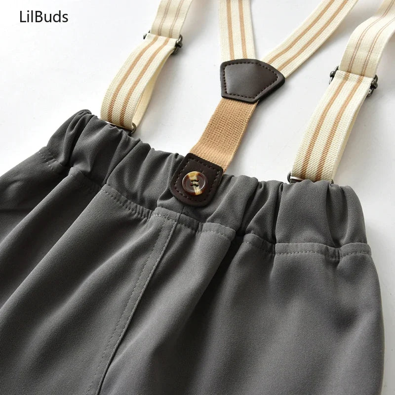 Boys Casual Striped Shirt with Bowtie and Suspender Shorts Two-Piece Outfit featuring gray shorts with beige striped suspenders