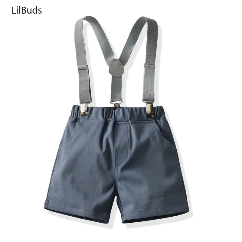 Boys Casual Striped Shirt with Bowtie and Suspender Shorts Two-Piece Outfit featuring gray suspender shorts with front pockets