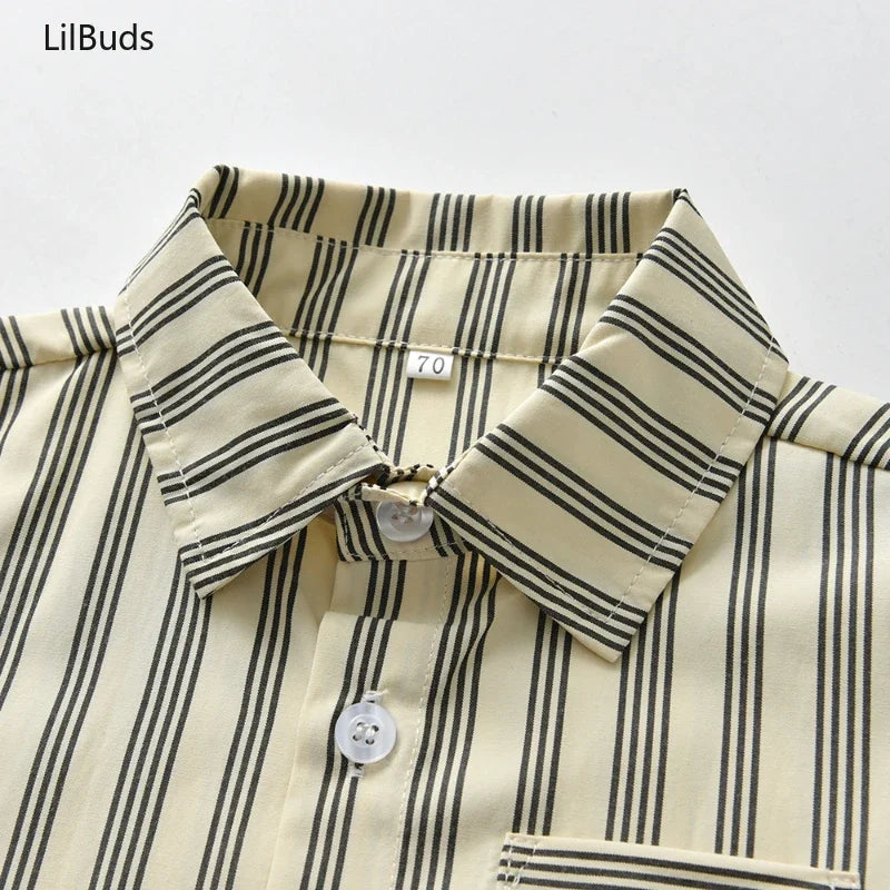 Close-up of Boys Casual Striped Shirt with Bowtie and Suspender Shorts Two-Piece Outfit collar and buttons