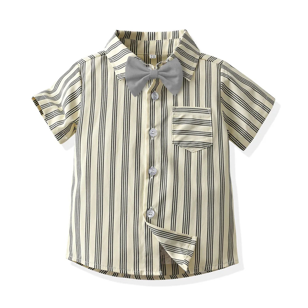 Boys Casual Striped Shirt with Bowtie and Suspender Shorts Two-Piece Outfit cream shirt with black stripes and gray bowtie