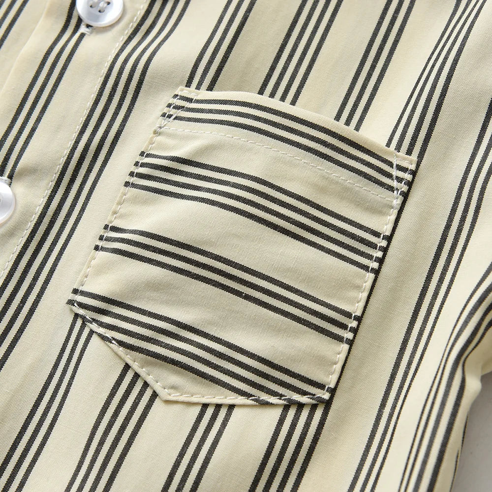 Close-up of Boys Casual Striped Shirt with Bowtie and Suspender Shorts Two-Piece Outfit showing black and cream striped pocket detail