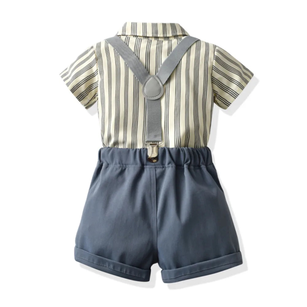 Boys Casual Striped Shirt with Bowtie and Suspender Shorts Two-Piece Outfit by Yamza Tots' Closet  