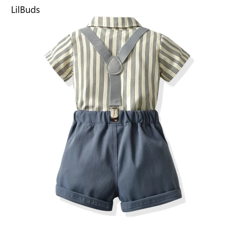 Boys Casual Striped Shirt with Bowtie and Suspender Shorts Two-Piece Outfit in blue and cream