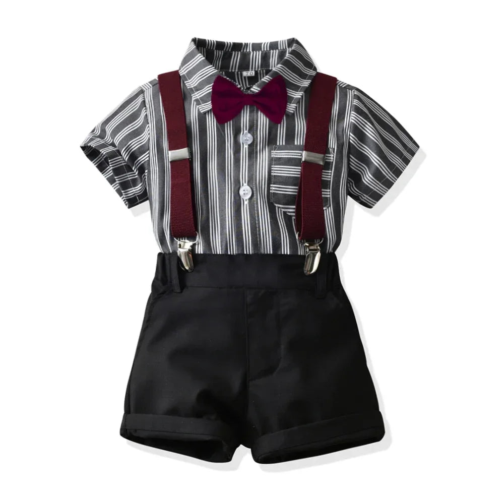 Boys Casual Striped Shirt with Bowtie and Suspender Shorts Two-Piece Outfit by Yamza Tots' Closet 