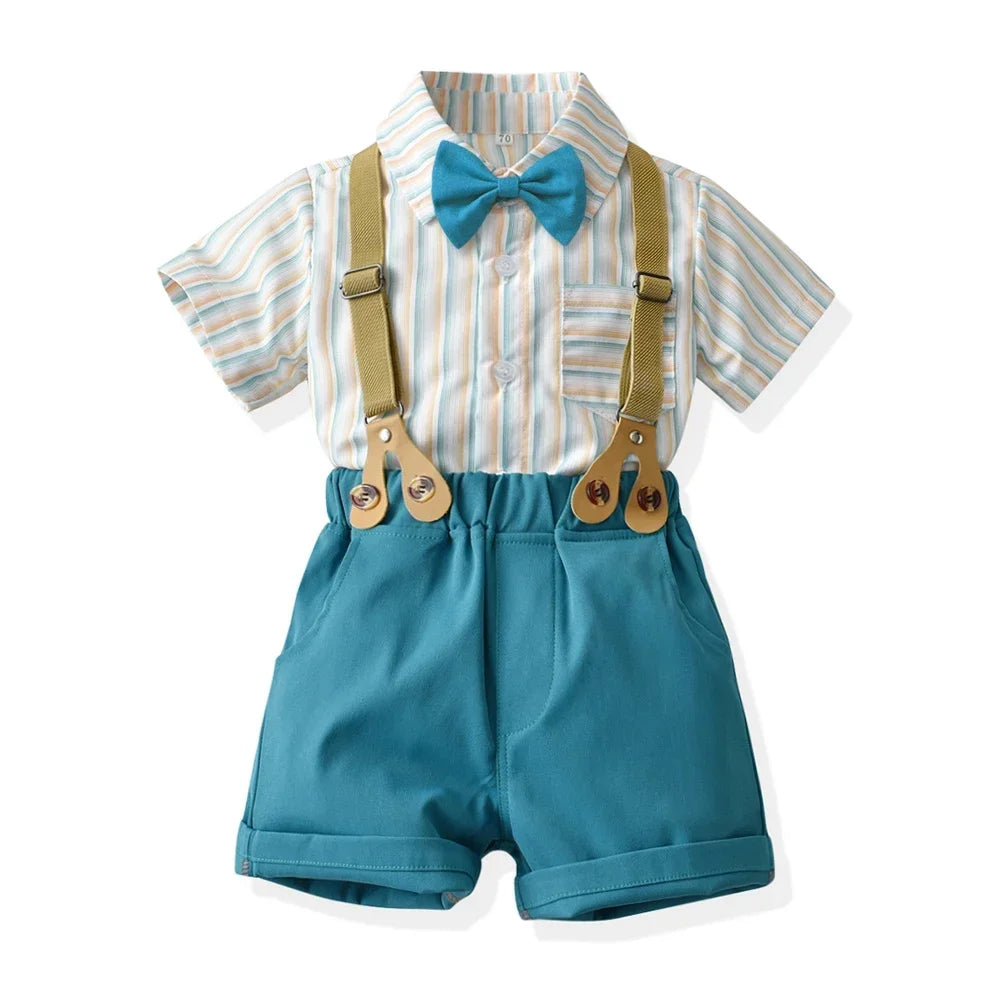 Boys Casual Striped Shirt with Bowtie and Suspender Shorts Two-Piece Outfit in blue and beige