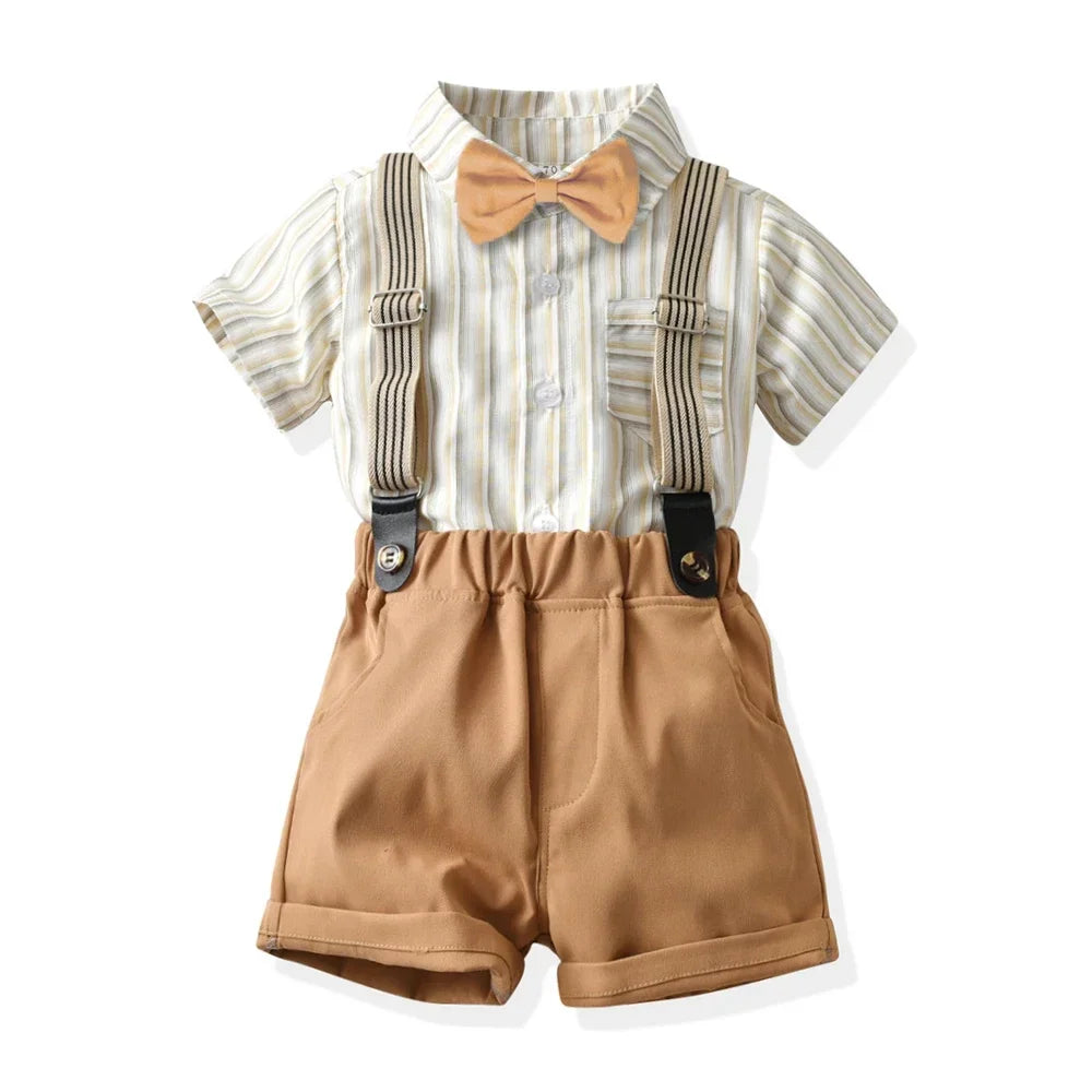 Boys Casual Striped Shirt with Bowtie and Suspender Shorts Two-Piece Outfit in beige and brown