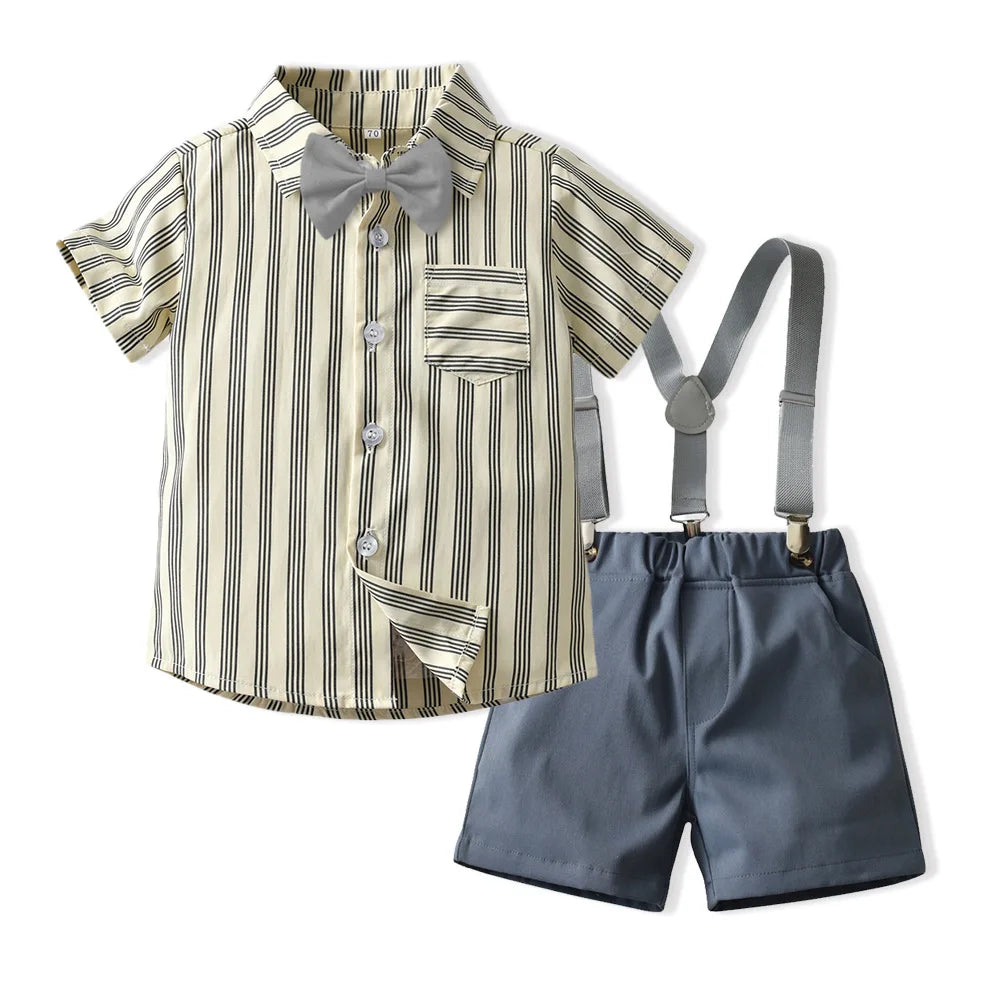 Boys Casual Striped Shirt with Bowtie and Suspender Shorts Two-Piece Outfit by Yamza Tots' Closet