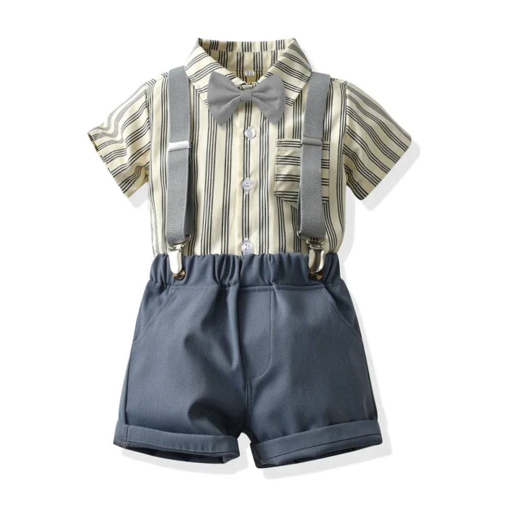 Boys Casual Striped Shirt with Bowtie and Suspender Shorts Two-Piece Outfit in beige and blue