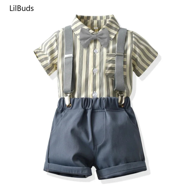 Boys Casual Striped Shirt with Bowtie and Suspender Shorts Two-Piece Outfit in beige and navy blue