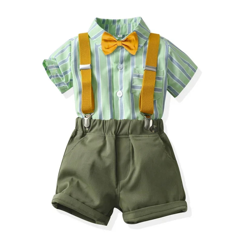 Boys Casual Striped Shirt with Bowtie and Suspender Shorts Two-Piece Outfit in green and yellow by Yamza Tots' Closet