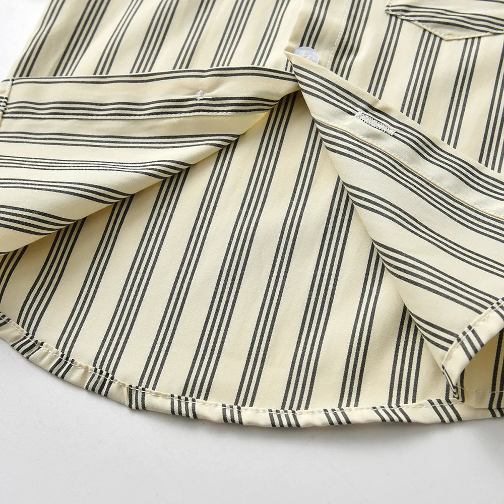 Close-up of Boys Casual Striped Shirt with Bowtie and Suspender Shorts Two-Piece Outfit showing fabric and button details