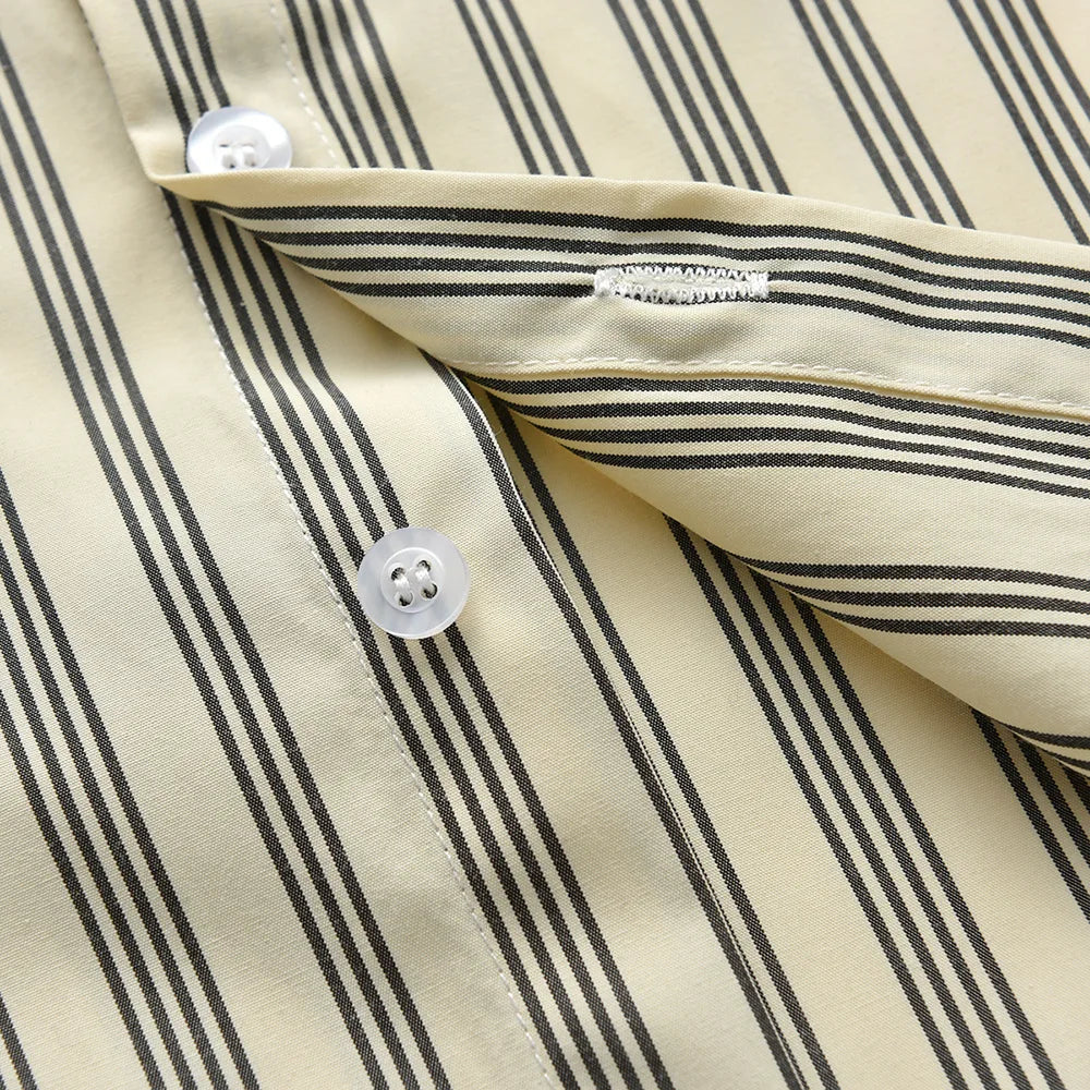 Close-up of Boys Casual Striped Shirt with Bowtie and Suspender Shorts Two-Piece Outfit showing button and stitching details