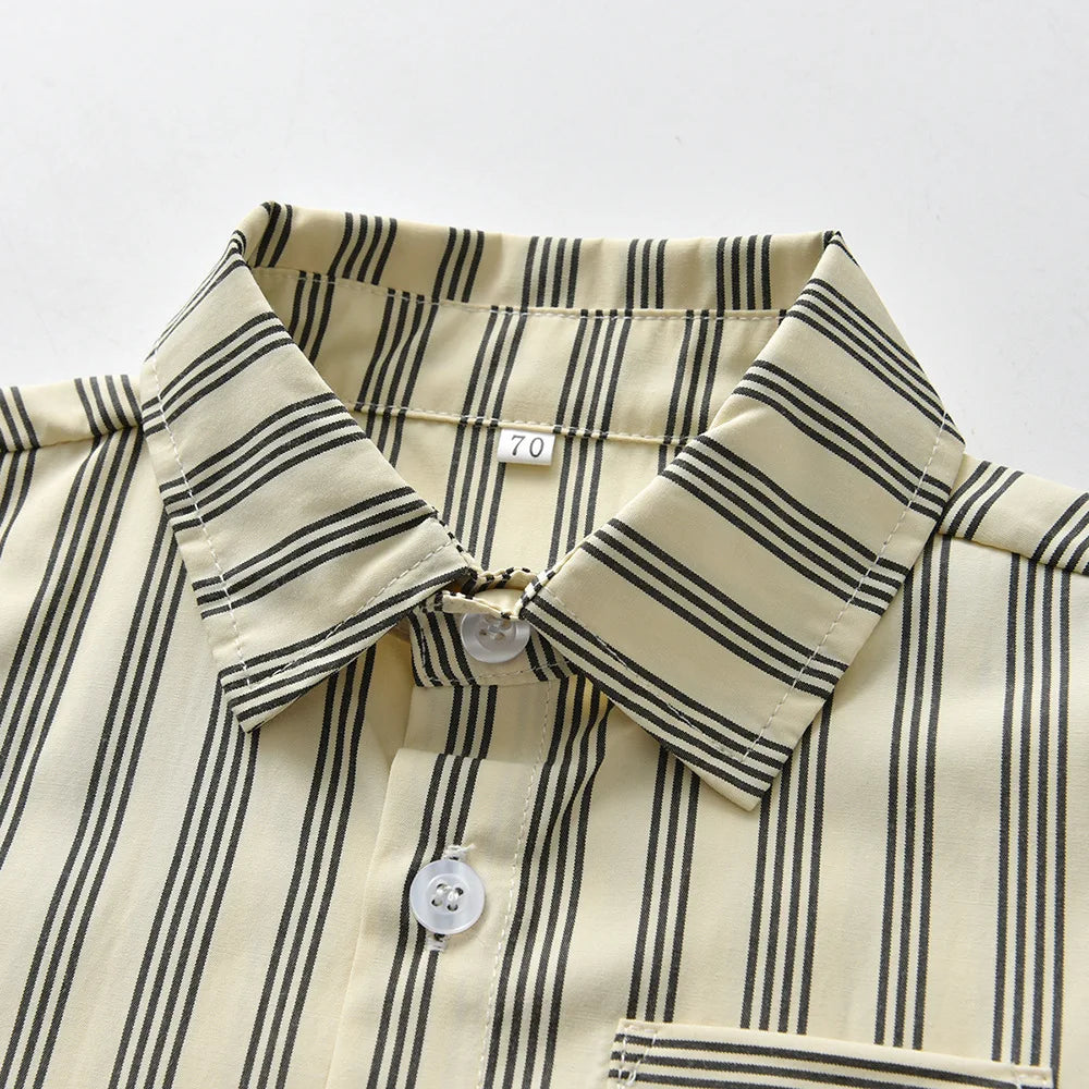 Boys Casual Striped Shirt with Bowtie and Suspender Shorts Two-Piece Outfit close-up of collar and buttons in black and beige stripes