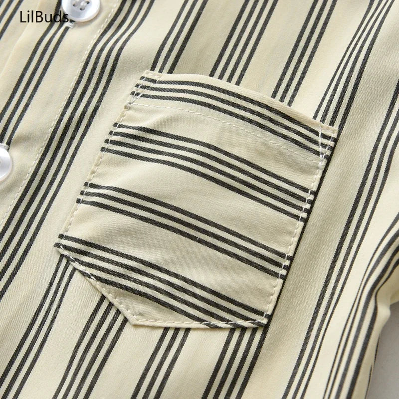 Close-up of boys casual striped shirt with front pocket from Boys Casual Striped Shirt with Bowtie and Suspender Shorts Two-Piece Outfit