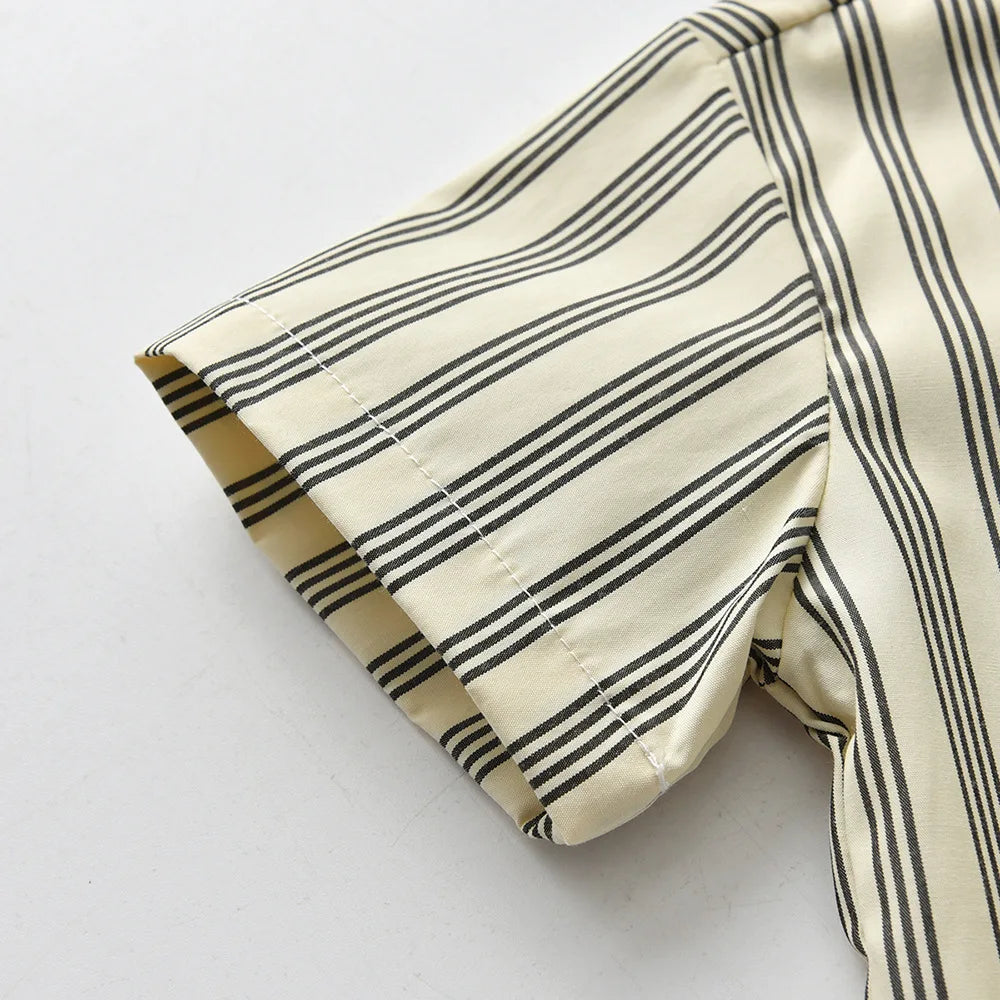 Close-up of striped short sleeve detail on Boys Casual Striped Shirt with Bowtie and Suspender Shorts Two-Piece Outfit