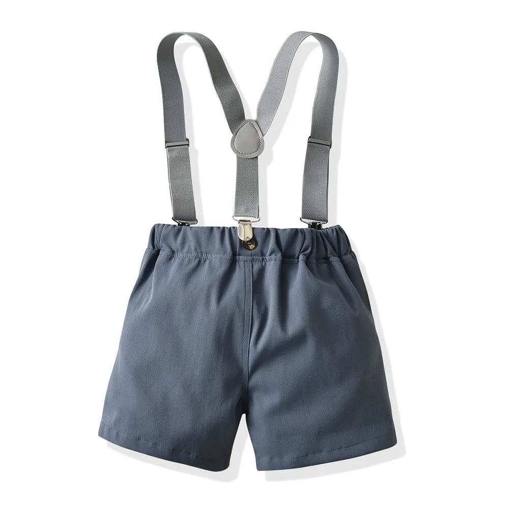 Boys Casual Striped Shirt with Bowtie and Suspender Shorts Two-Piece Outfit gray suspender shorts