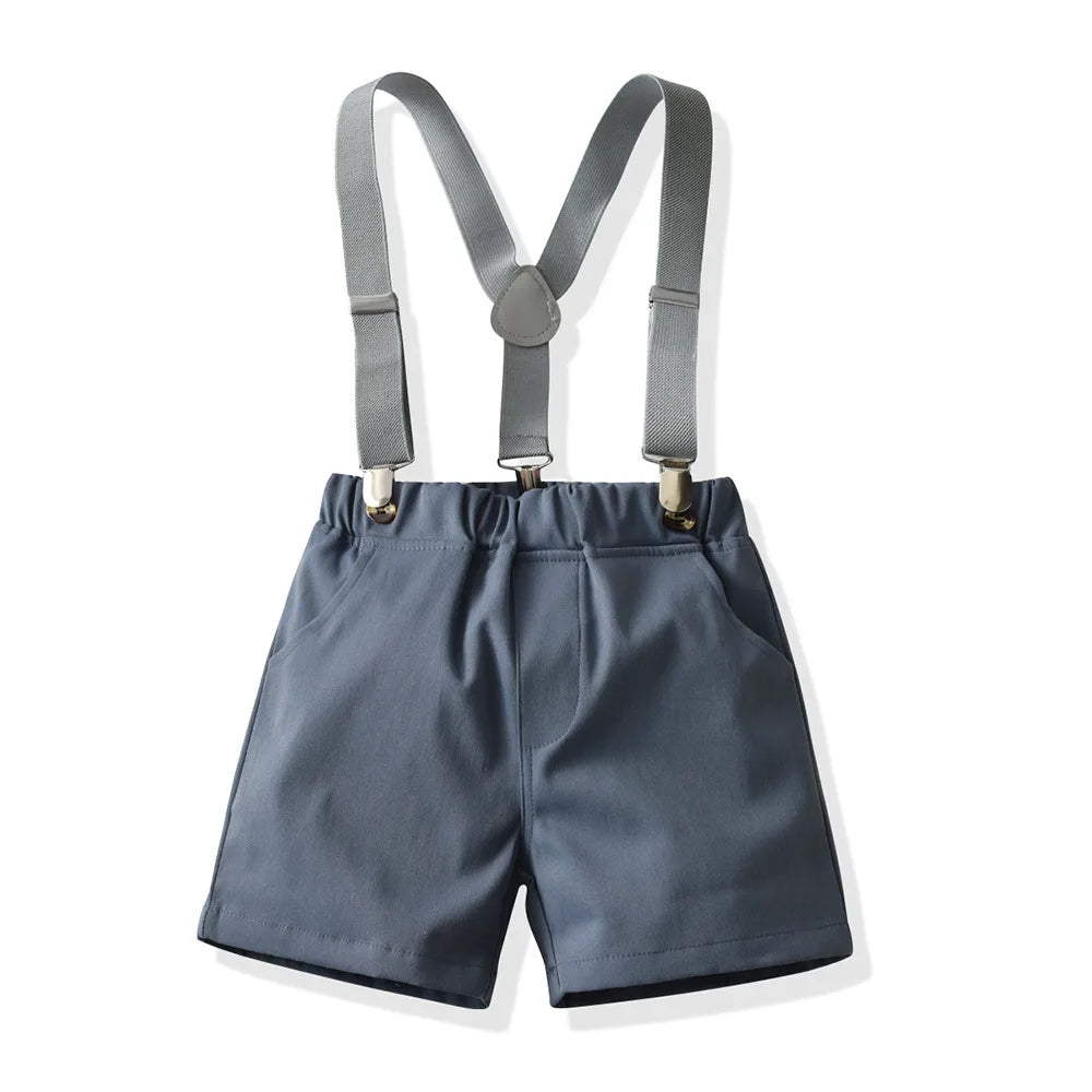 Boys Casual Striped Shirt with Bowtie and Suspender Shorts Two-Piece Outfit gray suspender shorts with clip-on straps
