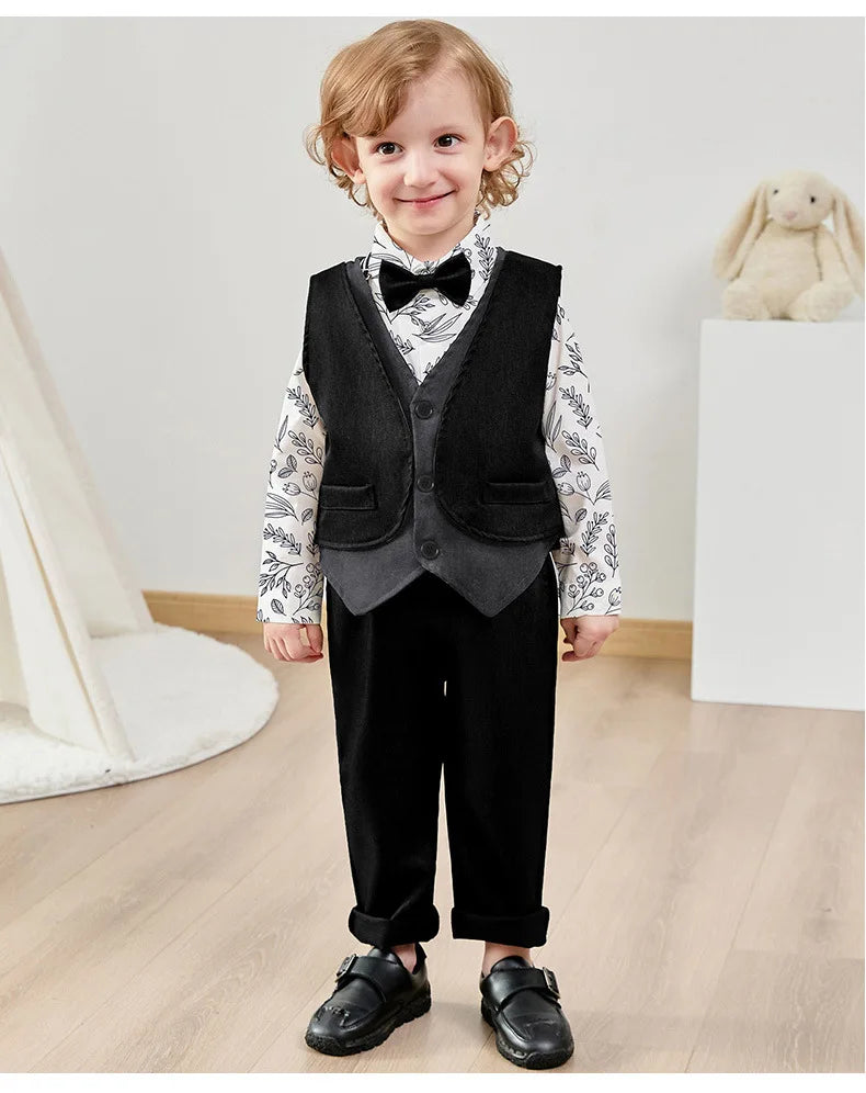 Toddler boy wearing black vest and pants with floral shirt and bow tie Children Top And Bottom Clothing Set Vest & Pants