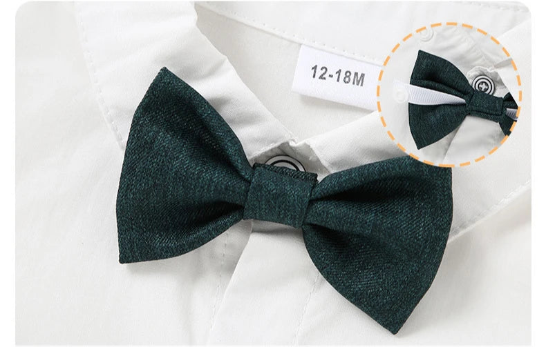 Children Top And Bottom Clothing Set Vest & Pants white shirt with dark green bow tie for 12 to 18 months