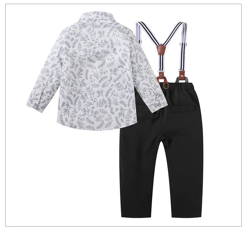 Children Top And Bottom Clothing Set Vest & Pants featuring white floral shirt and black pants with suspenders