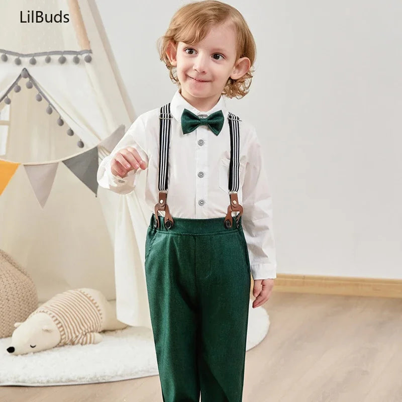Children Top And Bottom Clothing Set Vest & Pants with white shirt green pants and bow tie for kids