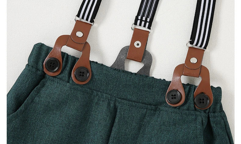 Green Children Top And Bottom Clothing Set Vest & Pants with striped suspenders and brown button details