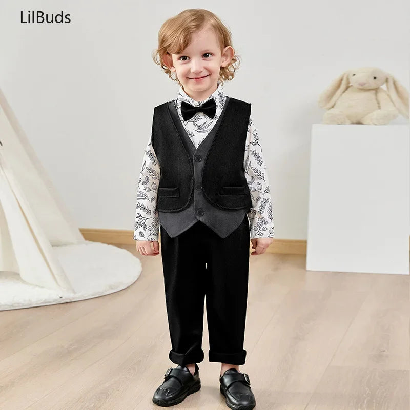 Child wearing Children Top And Bottom Clothing Set Vest & Pants in black with white patterned shirt and bow tie