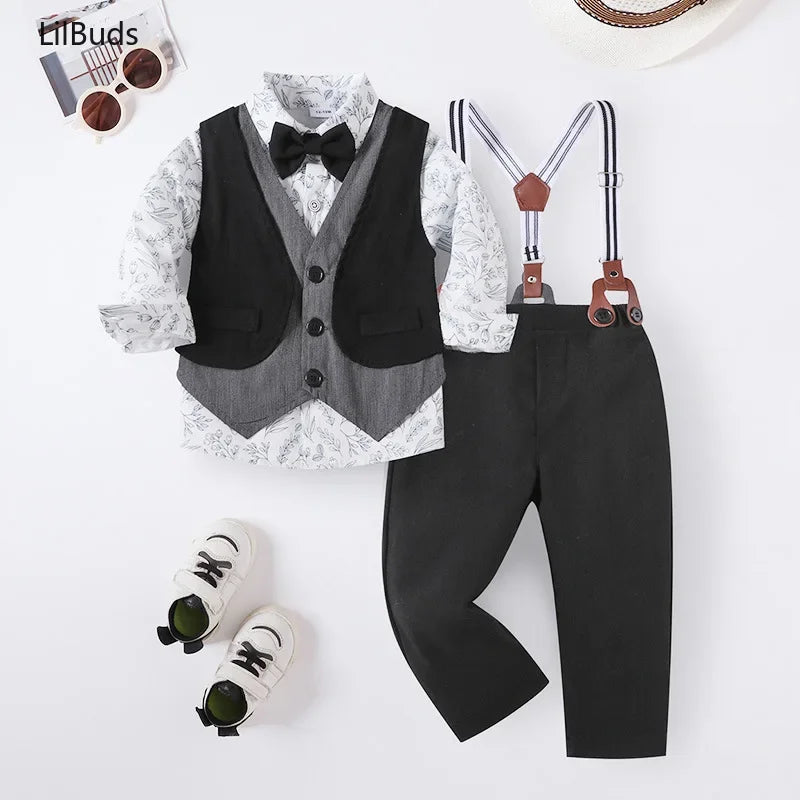 Children Top And Bottom Clothing Set Vest & Pants with white shirt, black bow tie, suspenders, and white shoes