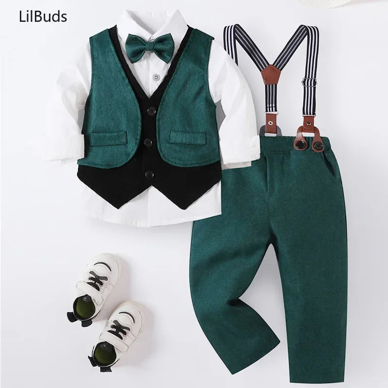 Children Top And Bottom Clothing Set Vest and Pants with white shirt green vest matching pants and suspenders