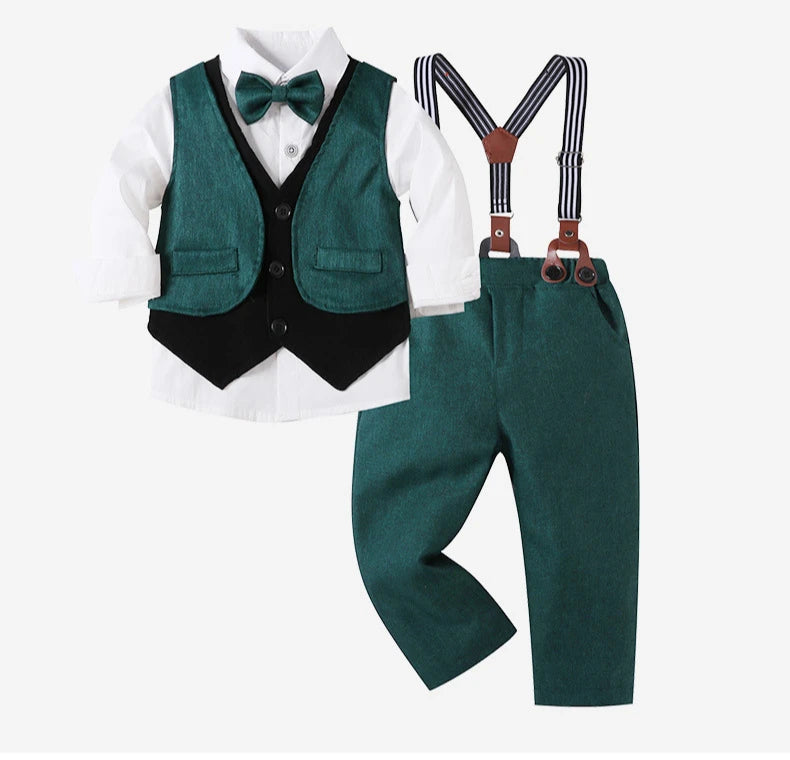 Children Top And Bottom Clothing Set Vest and Pants by Yamza Tots Closet with green suspenders and bow tie