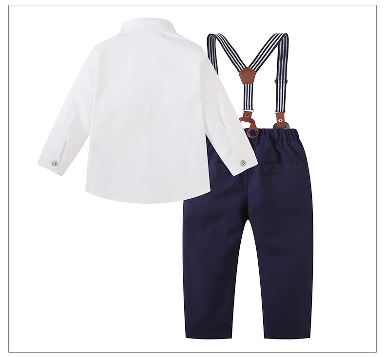 Children Top And Bottom Clothing Set Vest & Pants with white shirt and navy suspenders pants