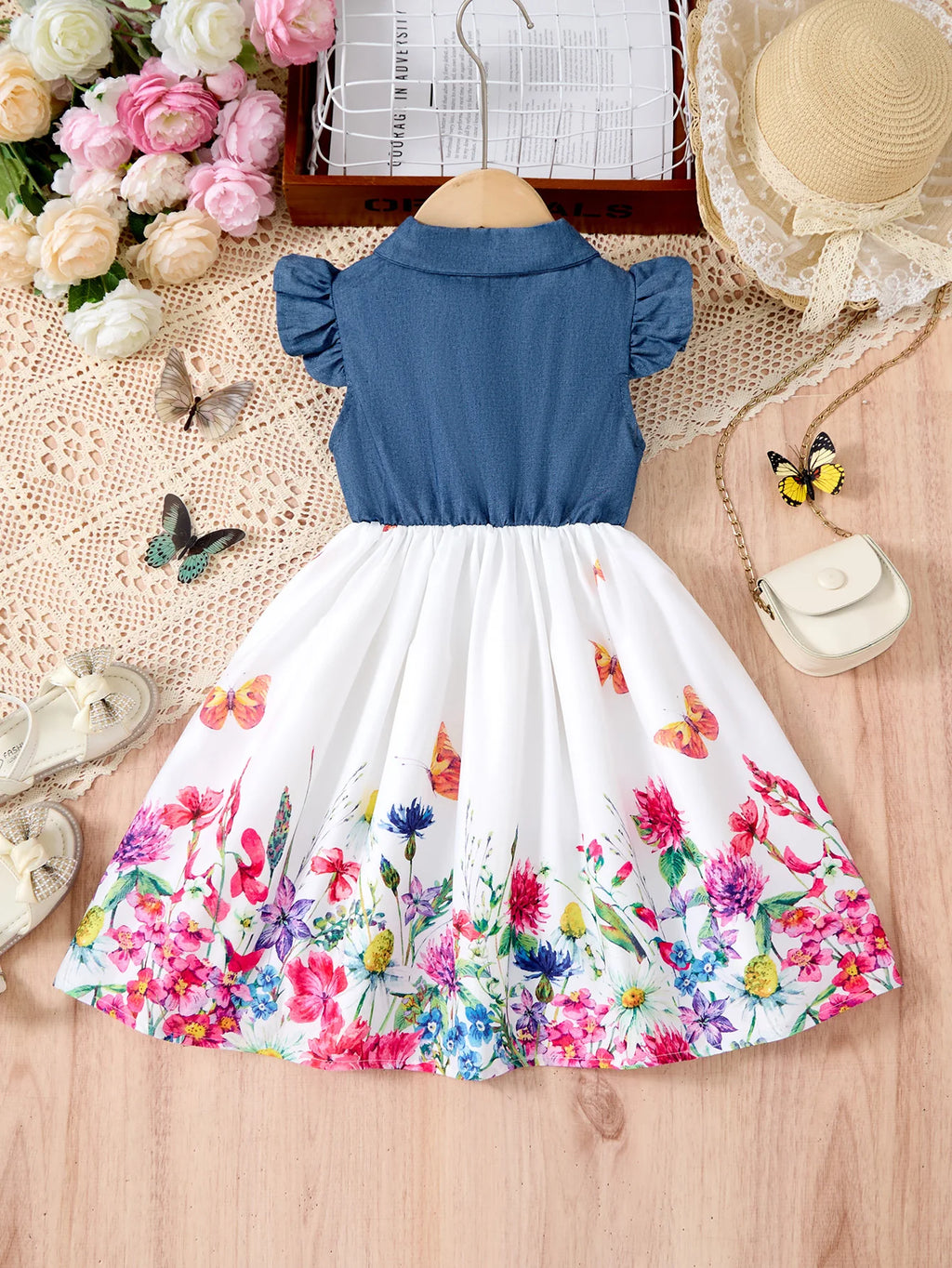 Fashion Girls Dress Summer Casual Patchwork Cowboy Butterfly Floral Design with blue top and floral skirt
