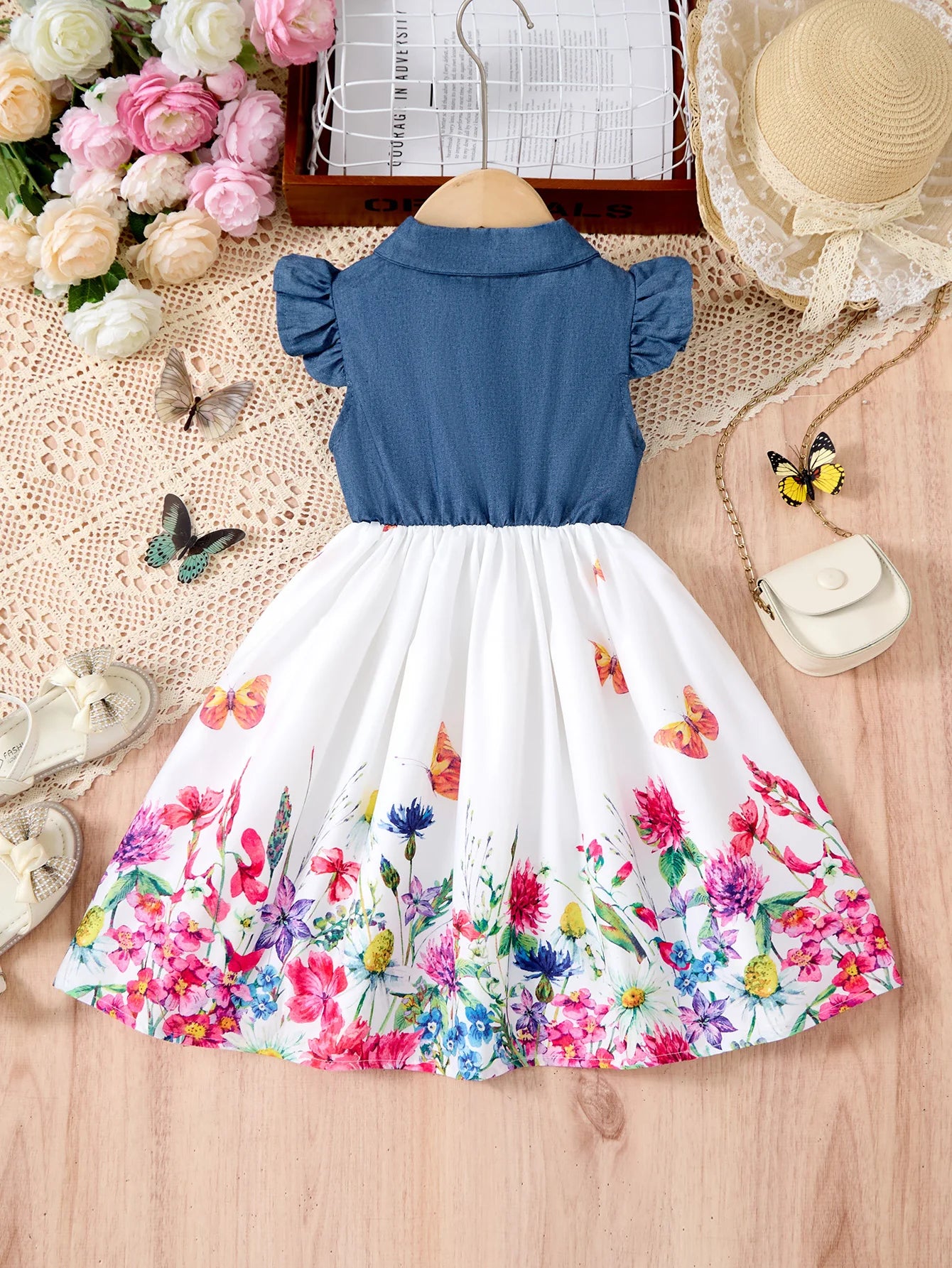 Fashion Girls Dress Summer Casual Patchwork Cowboy Butterfly Floral Design with blue top and floral skirt
