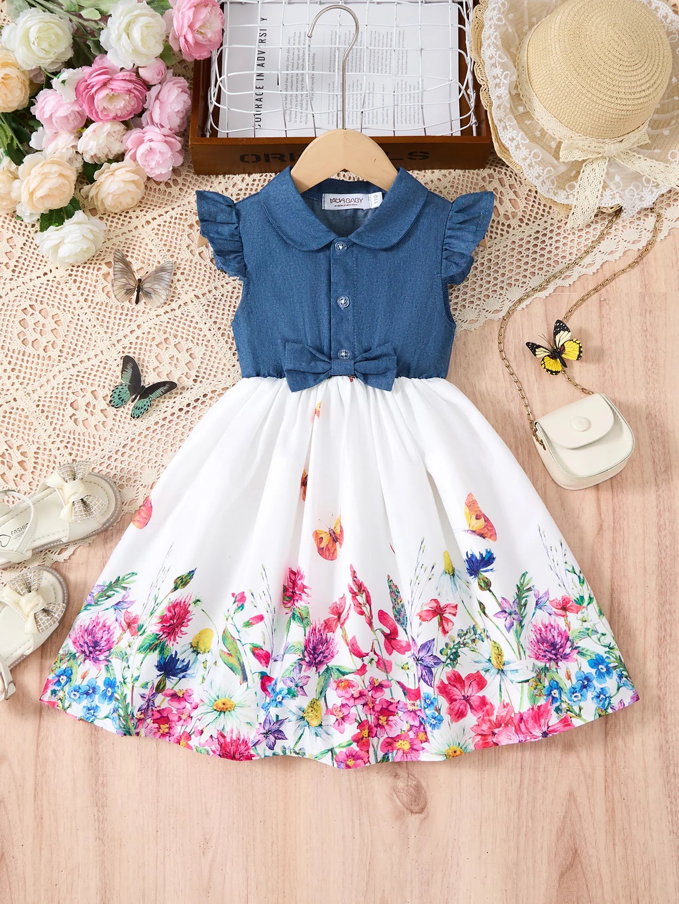 Fashion Girls Dress Summer Casual Patchwork Cowboy Butterfly Floral Design with denim top and floral skirt 