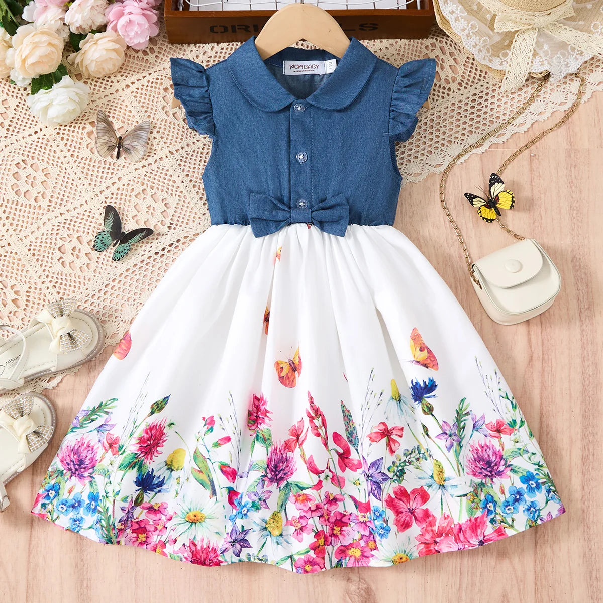 Fashion Girls Dress Summer Casual Patchwork Cowboy Butterfly Floral Design with denim top and floral skirt