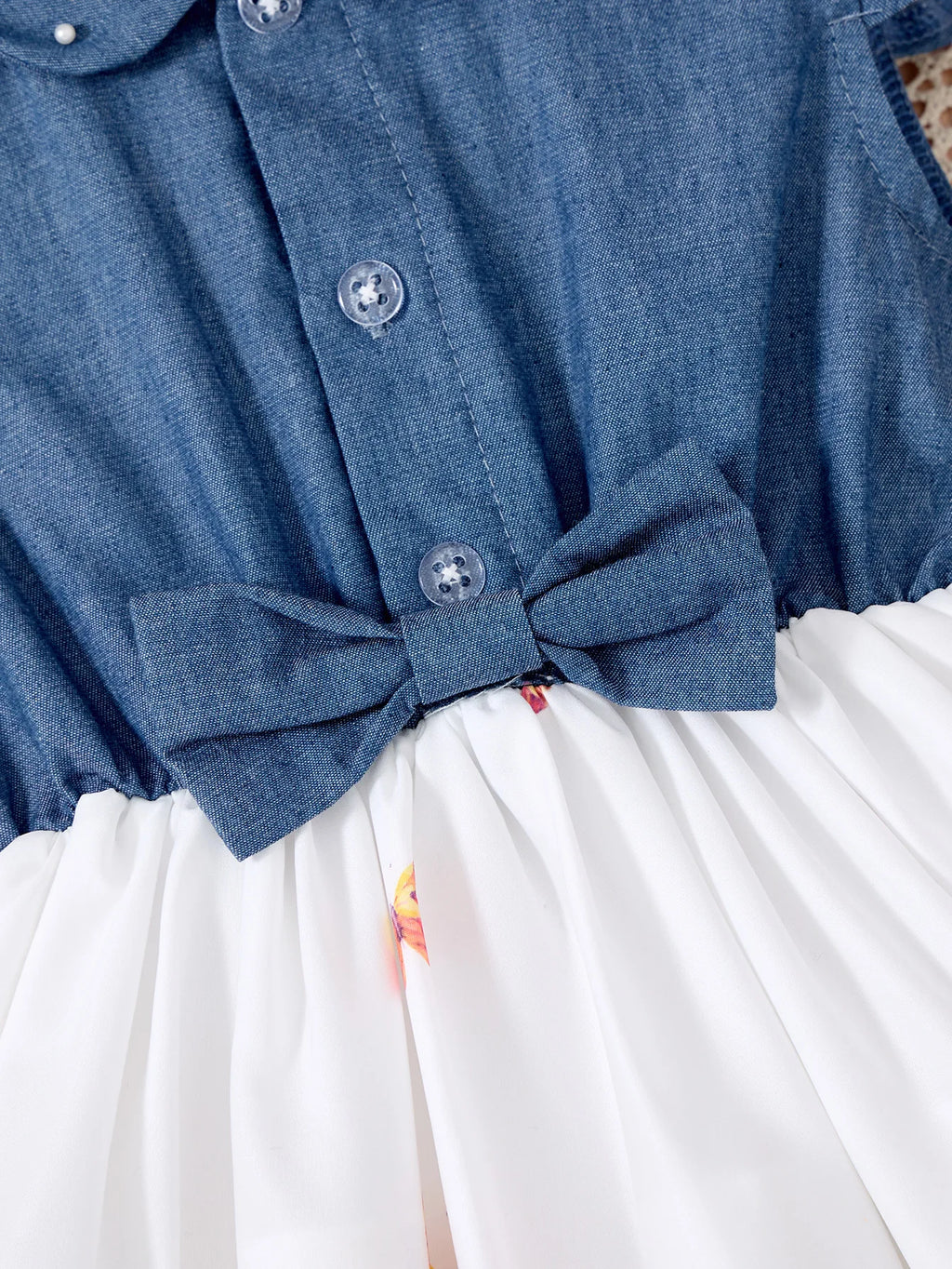 Fashion Girls Dress Summer Casual Patchwork Cowboy Butterfly Floral Design with blue buttoned top and white skirt
