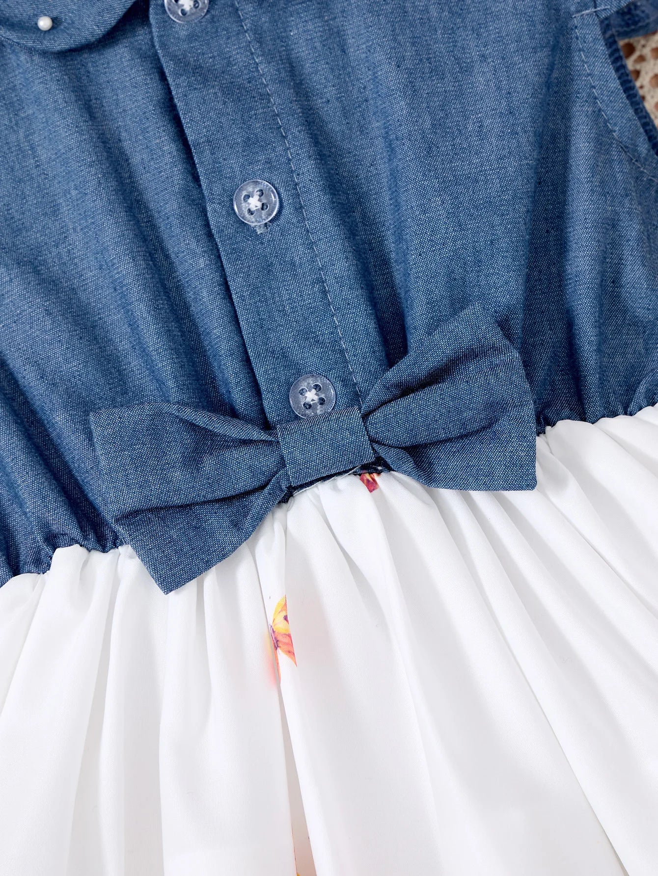 Fashion Girls Dress Summer Casual Patchwork Cowboy Butterfly Floral Design with blue buttoned top and white skirt