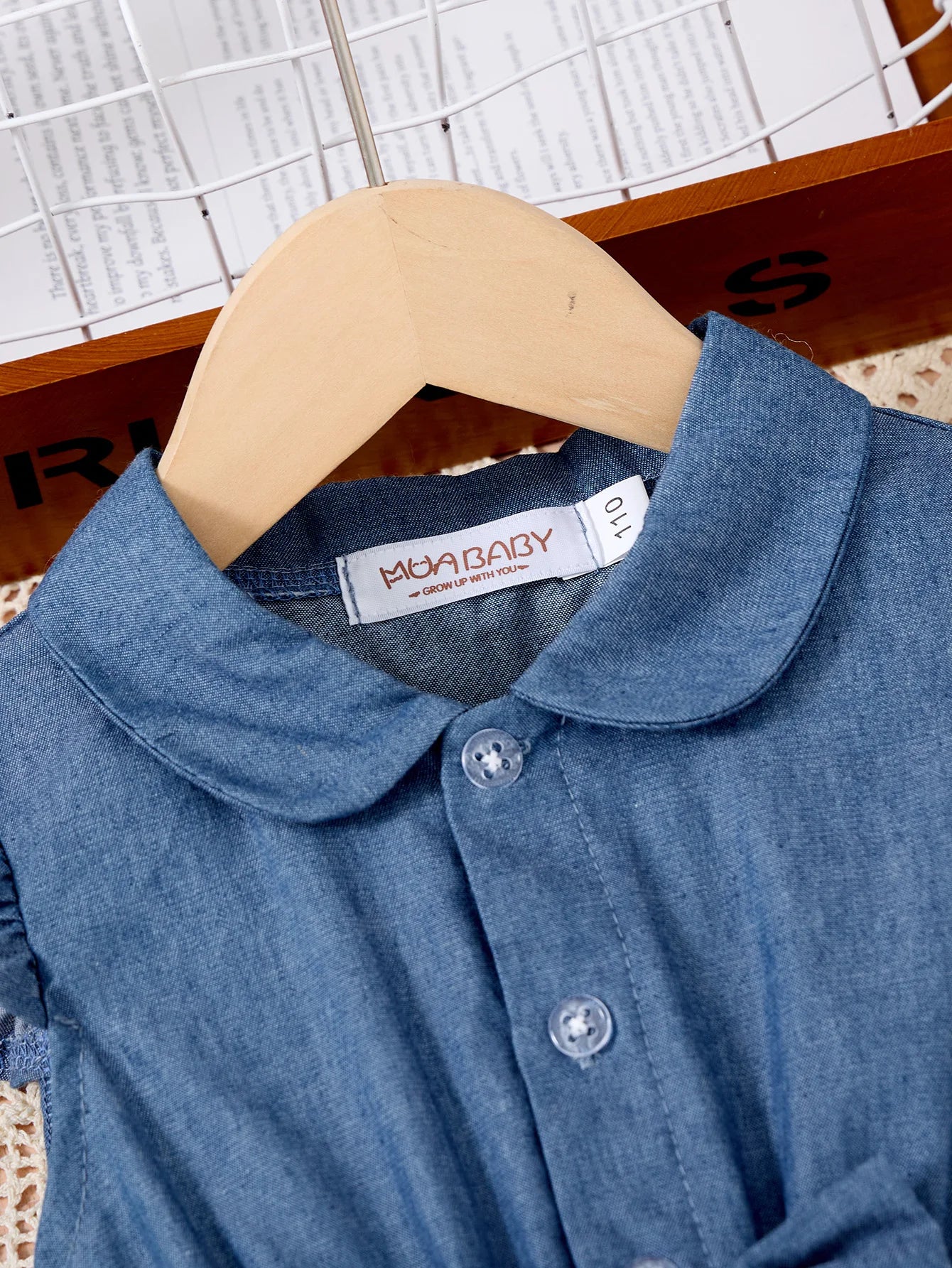 Fashion Girls Dress Summer Casual Patchwork Cowboy Butterfly Floral Design in blue denim style collar