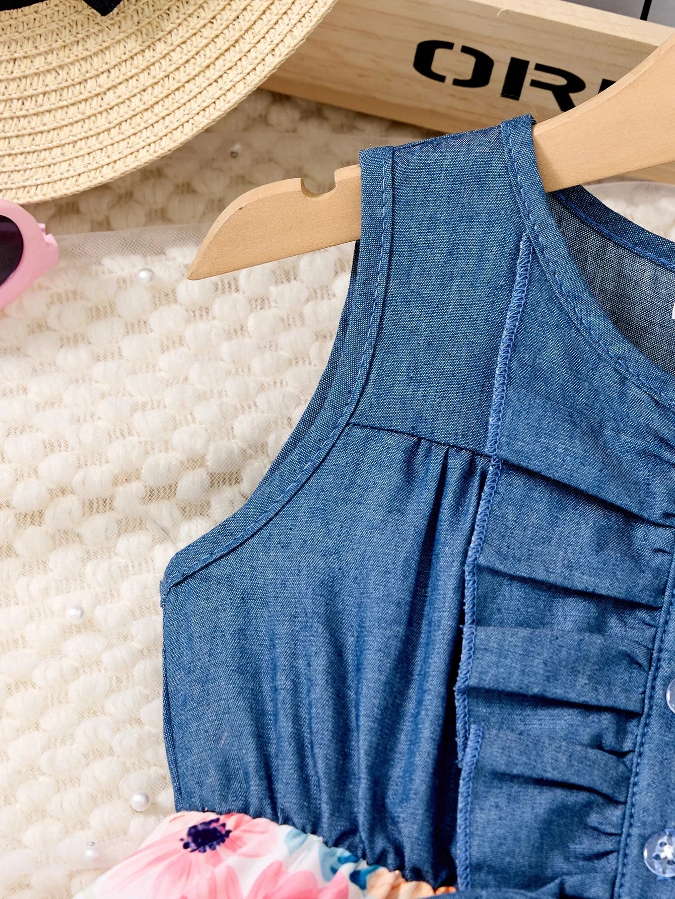 Fashion Girls Dress Summer Casual Patchwork Cowboy Butterfly Floral Design by Yamza Tots' Closet blue sleeveless top with ruffles