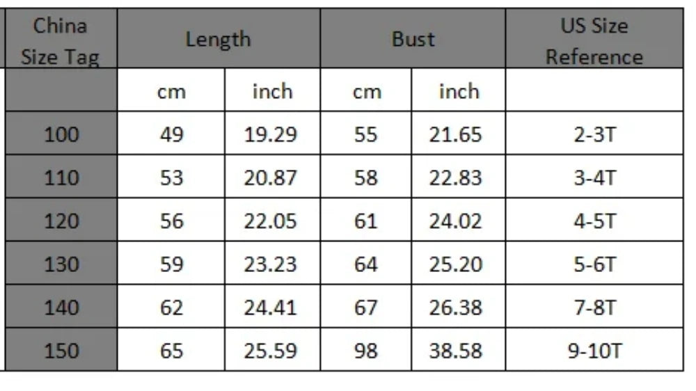 Size chart for Fashion Girls Dress Summer Casual Patchwork Cowboy Butterfly Floral Design by Yamza Tots' Closet showing length bust and US size reference