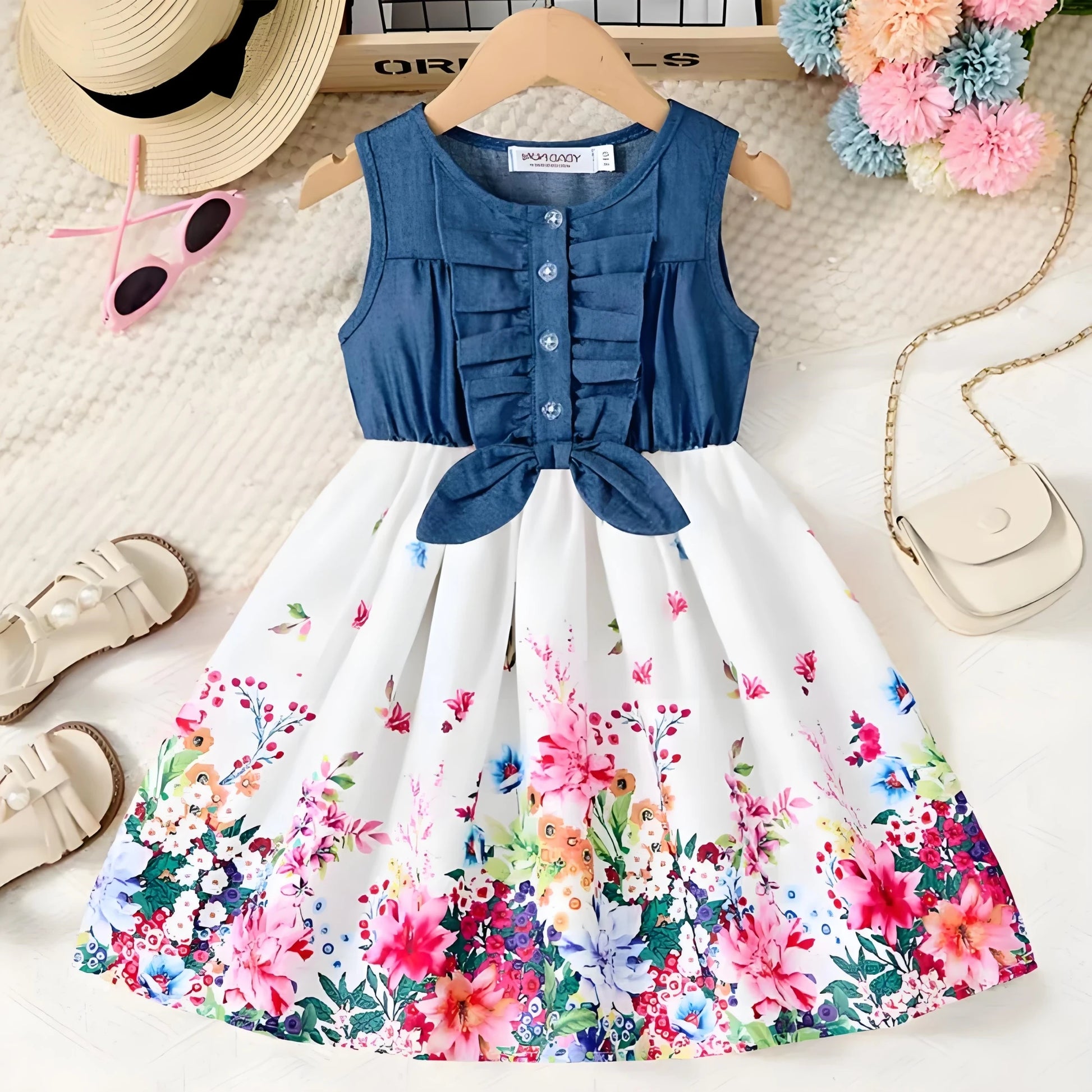Fashion Girls Dress Summer Casual Patchwork Cowboy Butterfly Floral Design with blue top and colorful floral skirt