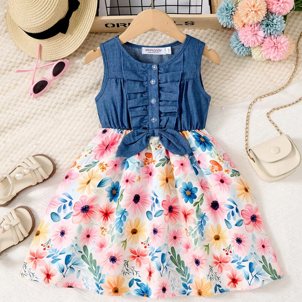 Fashion Girls Dress Summer Casual Patchwork Cowboy Butterfly Floral Design with denim top and colorful flower skirt