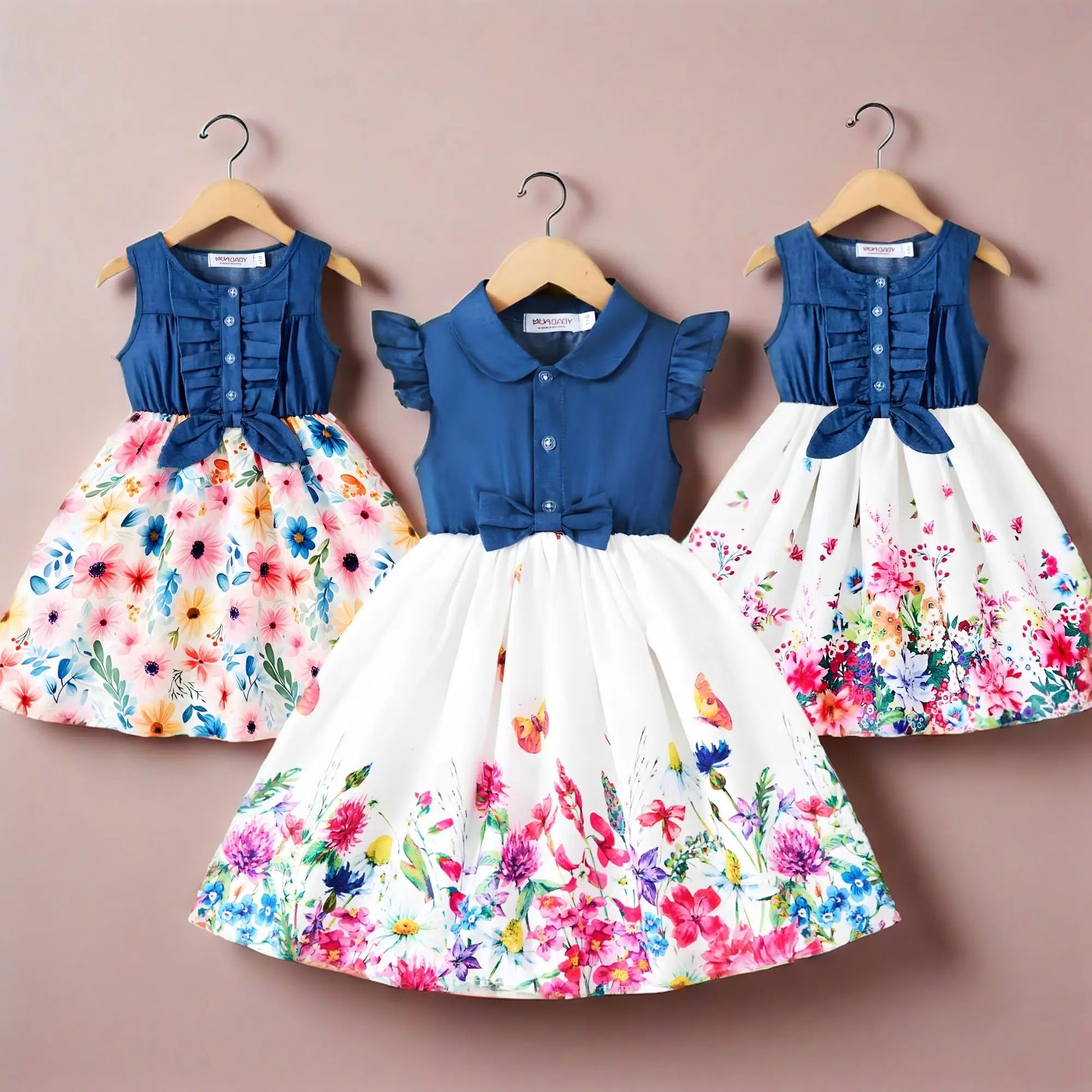 Fashion Girls Dress Summer Casual Patchwork Cowboy Butterfly Floral Design from Yamza Tots' Closet showcasing three colorful floral dresses