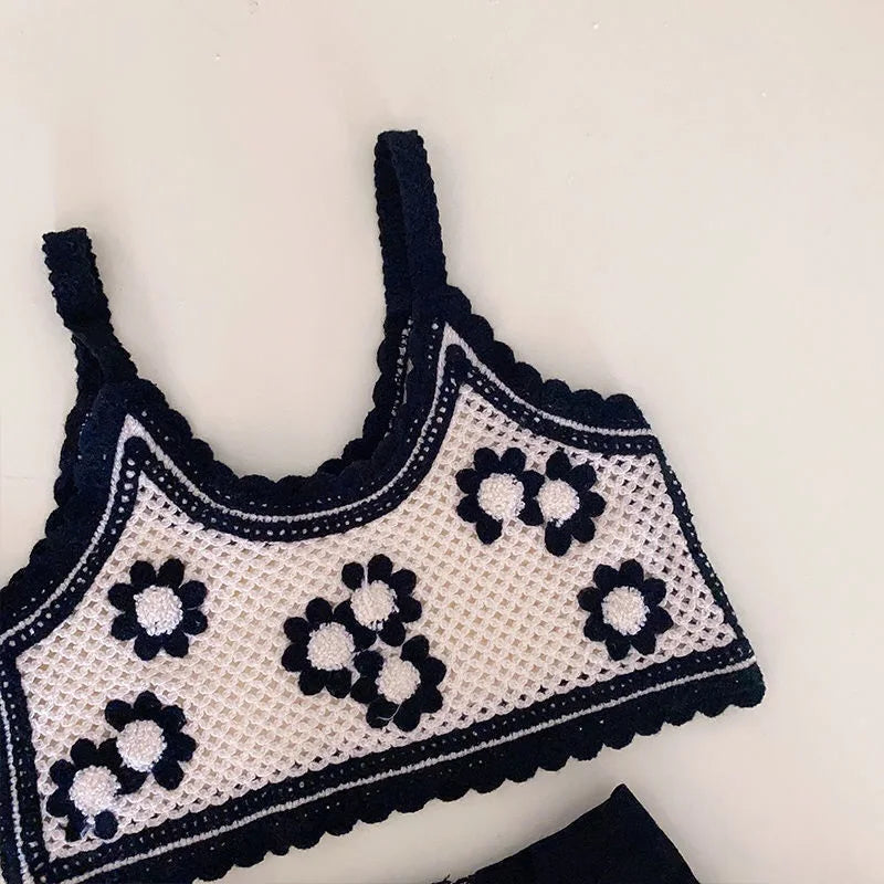 Fashion Baby Girl Knitted Set Strap Flower Vest and Shorts 2PCS Summer Suit black and white floral knit vest