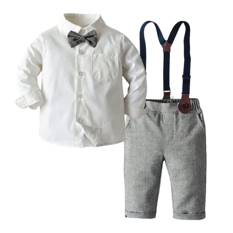 Baby Boy 3PCS Outfit Set Bow Shirt Vest and Pants Suit for 0-7 Years with white shirt and gray pants with navy suspenders