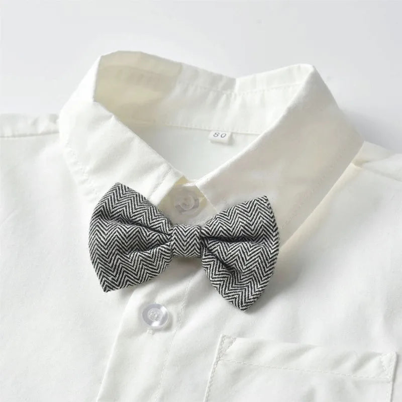 Baby Boy 3PCS Outfit Set Bow Shirt Vest and Pants Suit for 0-7 Years white shirt with gray patterned bow tie